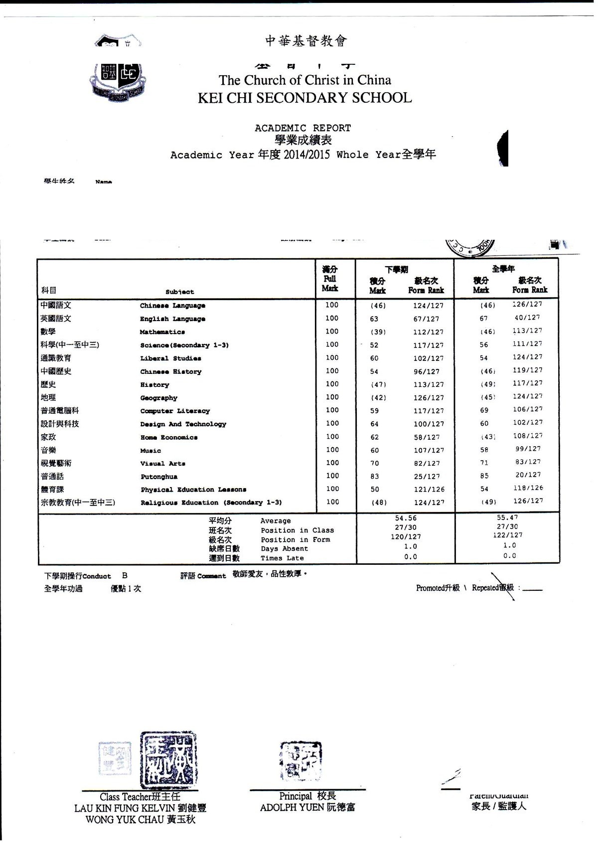 李同學補習前成績單